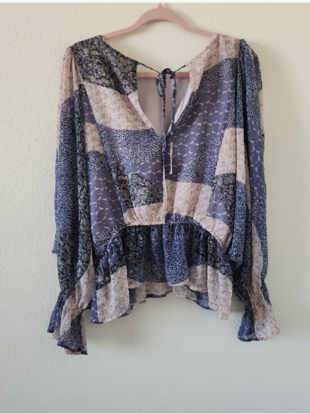 BB Dakota Blue and Cream Patchwork Peplum Blouse - Picture 2 of 3
